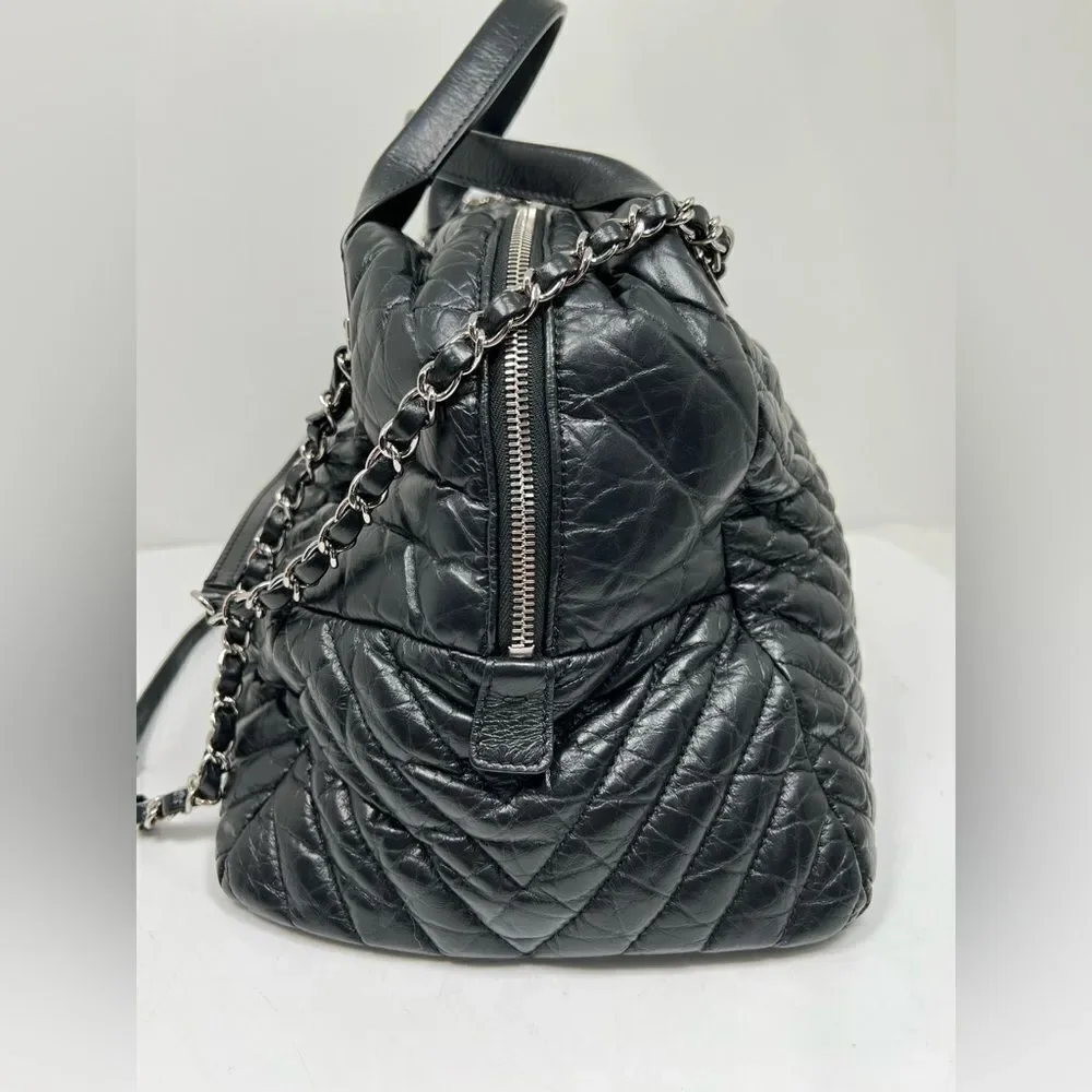 Chanel Soft Bowling Bag Chevron Aged Claf Skin Large Bag